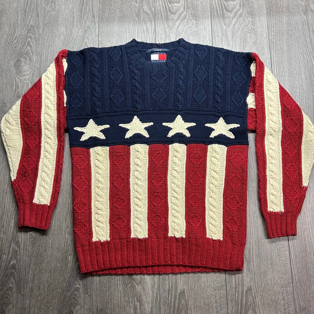 Vintage Tommy Hilfiger American Flag Cable Knit Wool Blend Sweater Mens Large